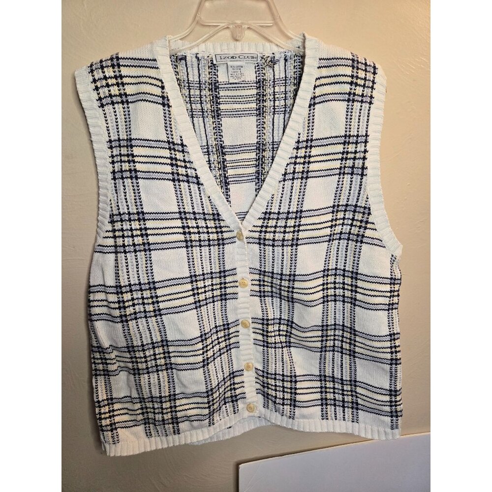 Izod Club 100% Cotton Ladies Blue And Gray Button-Up Sleeveless Vest Size Large